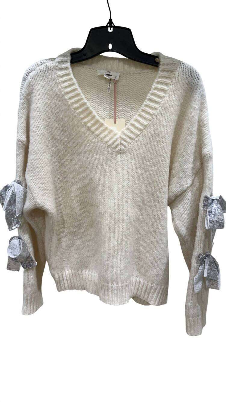 NEW ENTRO women's sweater knit top with bows in white